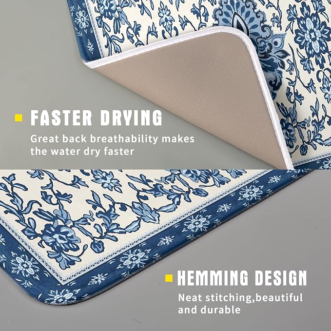 Blue Floral Dish Drying Mat for Kitchen Counter 16x18 Chinoiserie Flower Print - Image 3