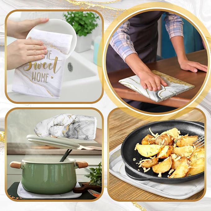 Bencailor 6 Pcs Marble Kitchen Decor Gold Pot Holders Oven Mitts 2 Dish Towels - Image 6