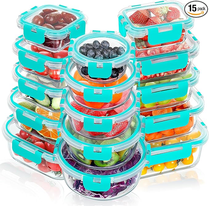 VERONES 30 Pieces Glass Meal Prep Containers Set, Stackable Glass Food Storage by VERONES