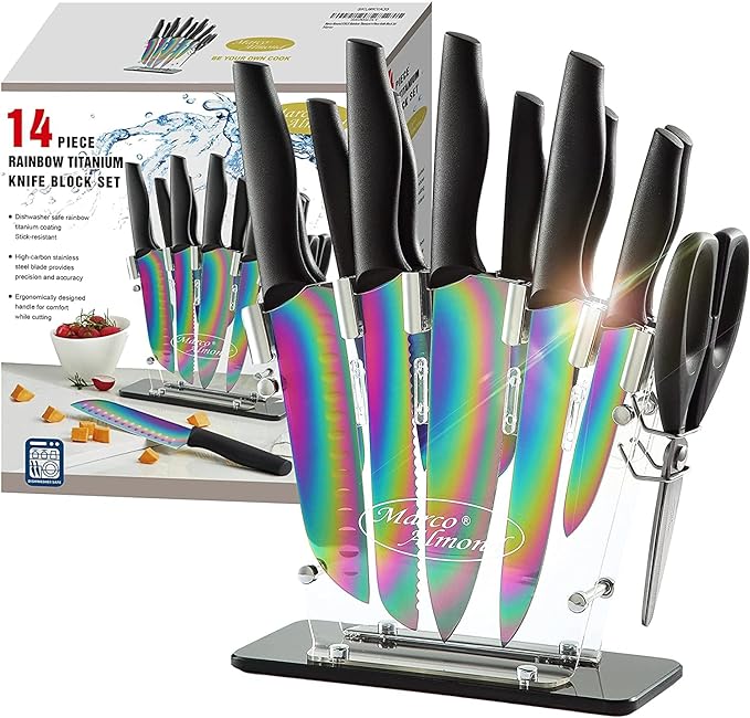 Marco Almond® Knife Block Set, 14-Piece Rainbow Color Stainless Steel Knife Sets by MarcoAlmond