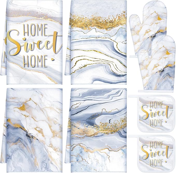 Leinuosen 8 Pcs White Marble Kitchen Decor Dish Towels and Oven Mitts Sets Pot by Leinuosen
