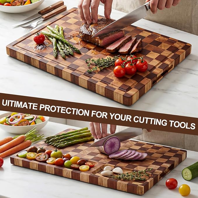 Checkered Cutting Board with Stand, Dual-Sided Wood Cutting Board with Juice - Image 5