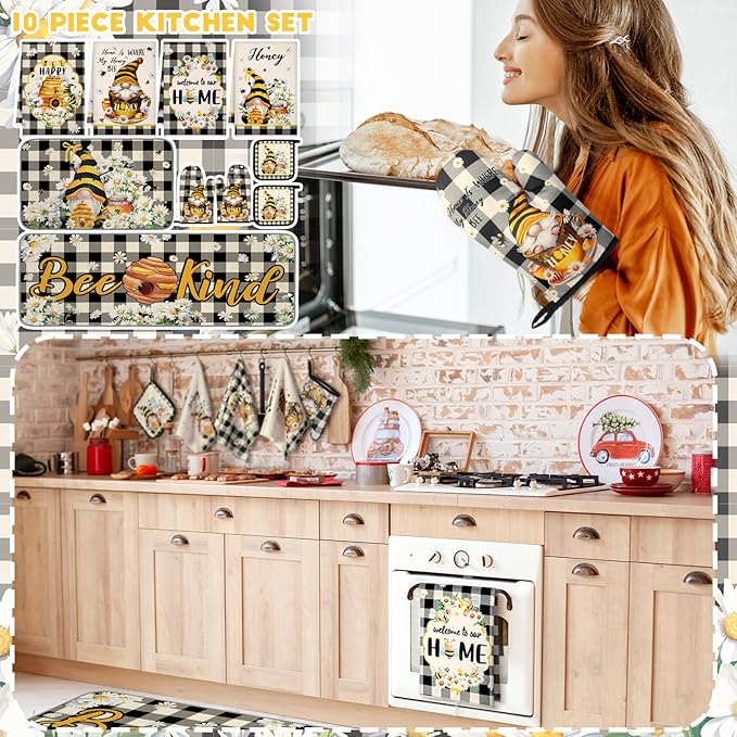 Fourluoo 10 Pcs Bee Kitchen Decor Set 4 Kitchen Towels 2 Pot Holders 2 Oven - Image 4