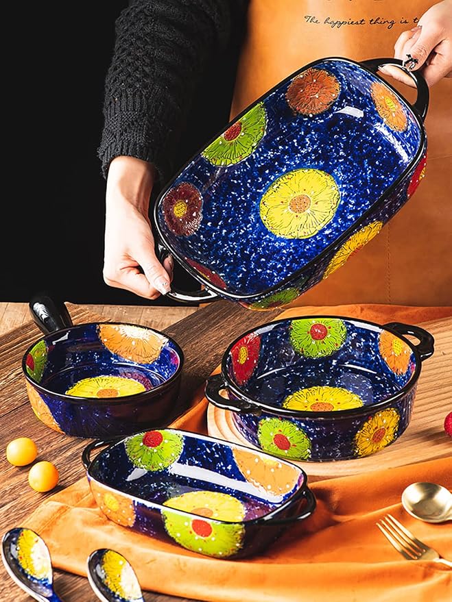 Vintage Style Pottery Bakeware Colorful Daisy Pattern Ceramic Casserole Dish - Image 3