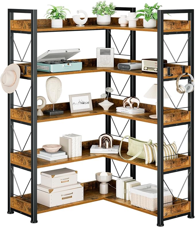 DUMOS 65 inch L Shaped Bookshelf, 5 Tier Corner Bookcase by DumosLifestyle
