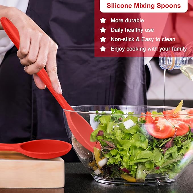 E-far Silicone Cooking Spoon Set of 2, Heat Resistant Kitchen Spoons Utensils - Image 3