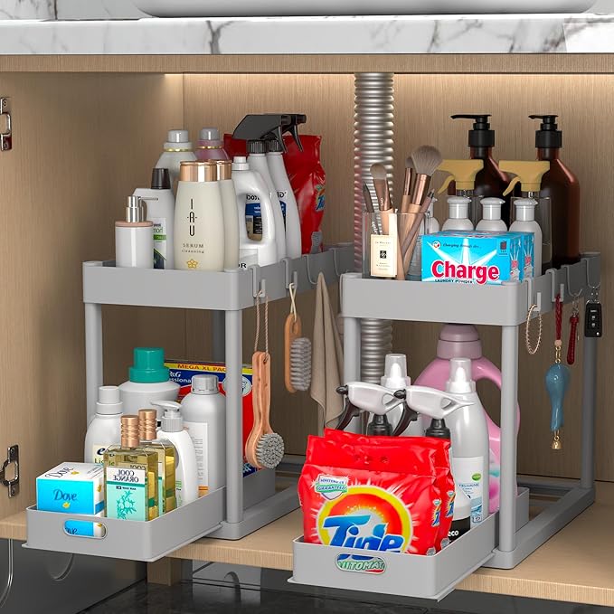 2PC Under Sink Organizer Rack 2 Tier Under Sliding Cabinet Basket Organizer by Pougny