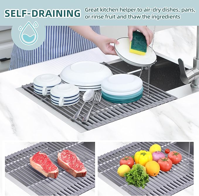 Ohuhu Over Sink Dish Drying Rack, Silicone Wrapped 17.6" W x 15.4" L Large Over - Image 2