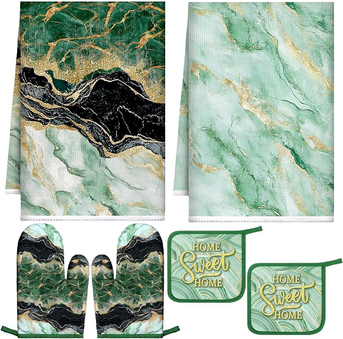 Bencailor 6 Pcs Marble Kitchen Decor Gold Pot Holders Oven Mitts 2 Dish Towels by Bencailor