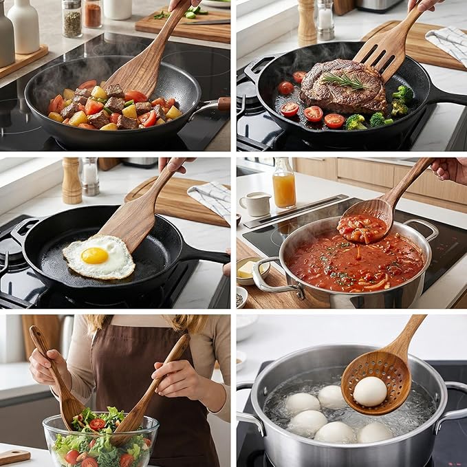 7 Pcs Acacia Wood Cooking Utensils Set Large Wooden Spoons - Image 6