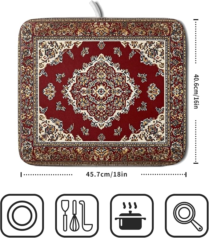 Giwawa Vintage Boho Dish Drying Mat Antique Tribal Rustic Red Floral Dish - Image 2