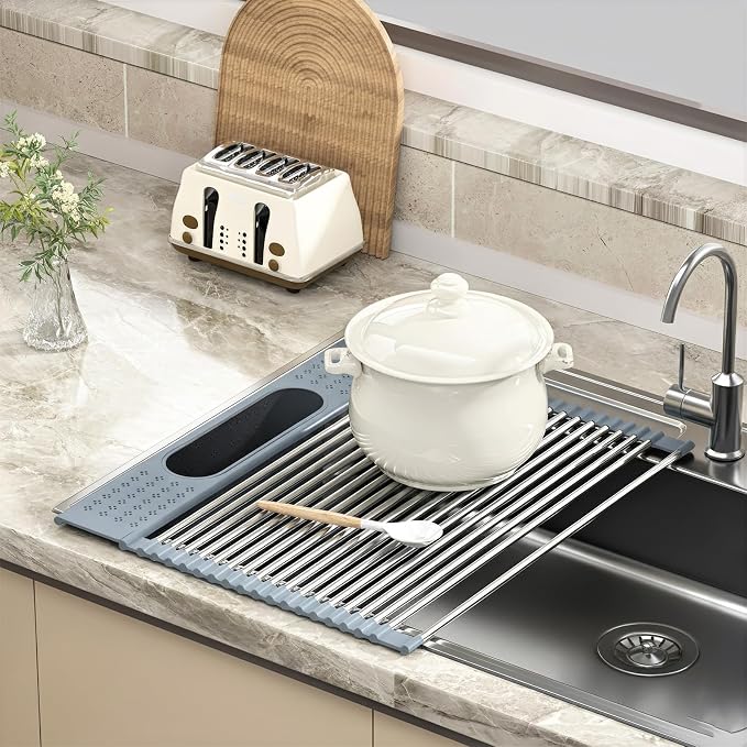 Roll Up Dish Drying Rack Over Sink, 17.5" x 15.2" Foldable SUS304 Stainless - Image 7