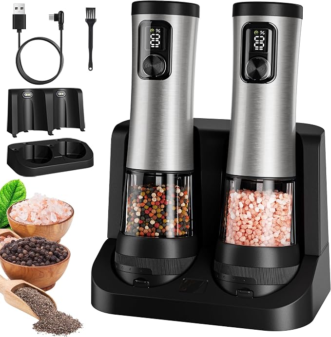 Electric Salt and Pepper Grinder Set, 2-Speed Setting, Stainless Steel by Flelano