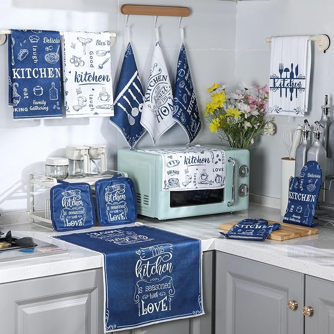12 Pcs Farmhouse Kitchen Oven Mitts and Pot Holders Decor Sets 4 Blue Kitchen - Image 7