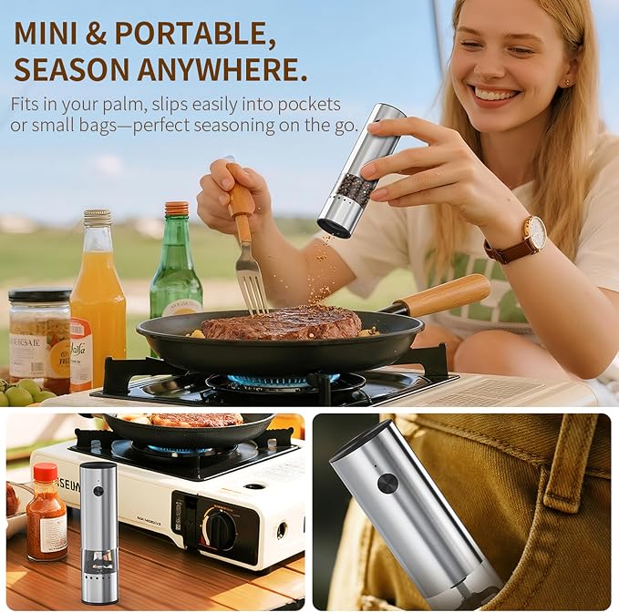 Mini Electric Salt and Pepper Grinder Stainless steel, USB Rechargeable - Image 3