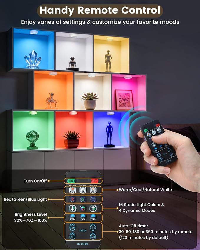 LED Puck Lights with Remote Control & Timer, Battery Operated Under Cabinet - Image 3