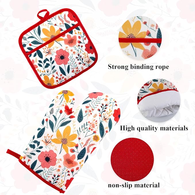 4 Pcs Kitchen Stuff, Wild Floral Kitchen Oven Mitts, Pot Holders Sets - Image 3