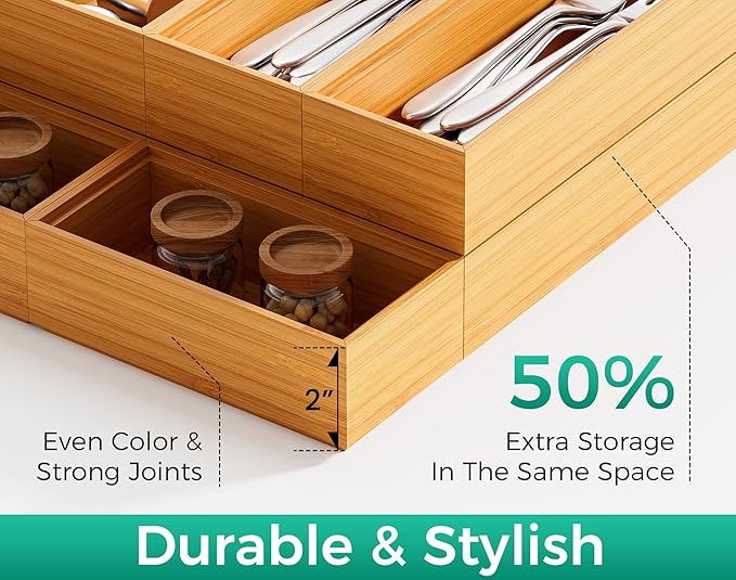 Small Bamboo Kitchen Drawer Organizer Boxes – 6" x 3" Stackable Wood Silverware - Image 3