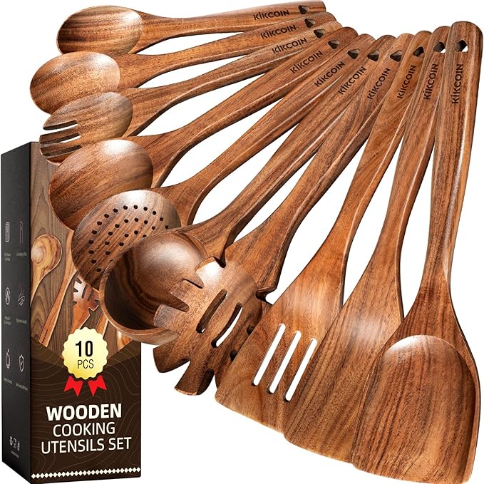 Kikcoin 10 PCS Durable Natural Teak Wooden Cooking Utensil Set, Non Toxic by Kikcoin
