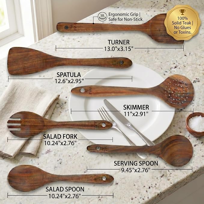 6-Piece Teak Wooden Cooking Utensil Set – Wooden Spoons & Spatulas - Image 5