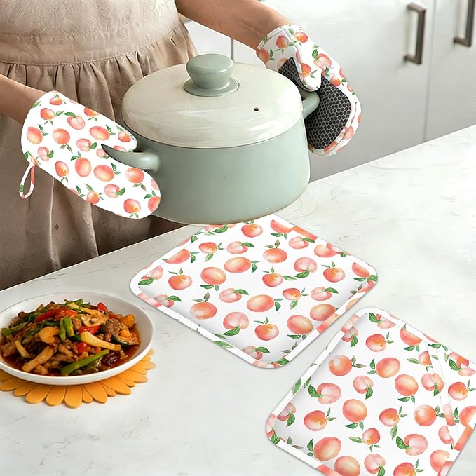 Watercolor Peaches Oven Mitts and Pot Holders Sets, Silicone Kitchen Mitts - Image 7