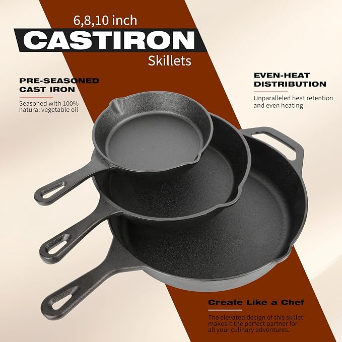 Cast Iron Skillet 3-Piece Set, Heavy-Duty Pre-Seasoned Pan Cookware Set - Image 4