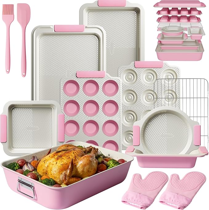 Kikcoin 25 PCS Stackable Baking Pans Set, Non-stick Bakeware Sets by Kikcoin