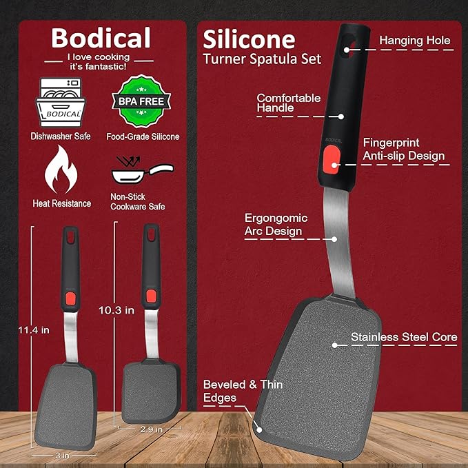 2 Pack Silicone Spatula Turner, 600°F Heat Resistant Kitchen Spatula Set - Image 2
