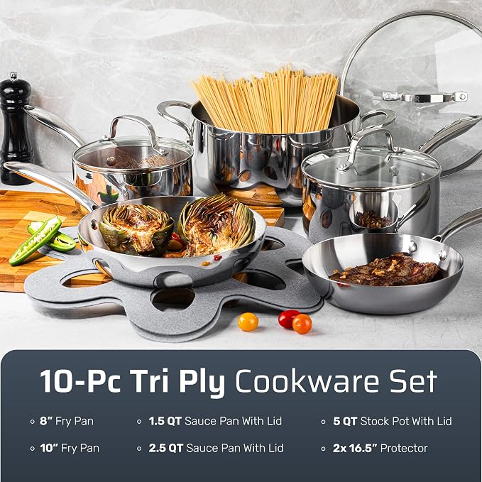 Gotham Steel 10 Pcs Tri Ply Stainless Steel Cookware Set, Pots and Pans Set - Image 2
