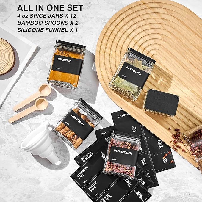 Glass Spice Jars with Bamboo Lid, 4oz Square Spice Containers - Image 3