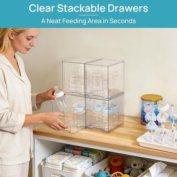 Vtopmart 7.6" H Clear Stackable Storage Drawers, 4 Pack Plastic Organizers Bins - Image 3