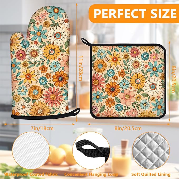 Boho Floral Oven Mitts and Pot Holders Sets 4Pcs, Extra Long Oven Gloves - Image 2