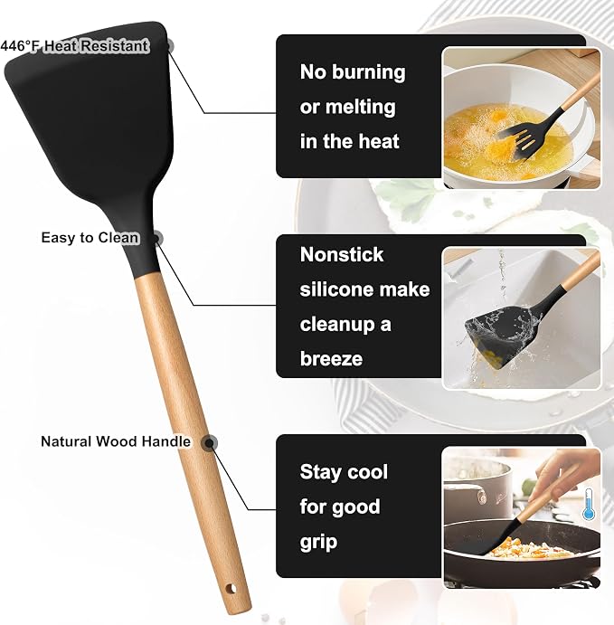 E-far Silicone Cooking Utensils Set, 10-Piece Black Kitchen Utensils Set - Image 3