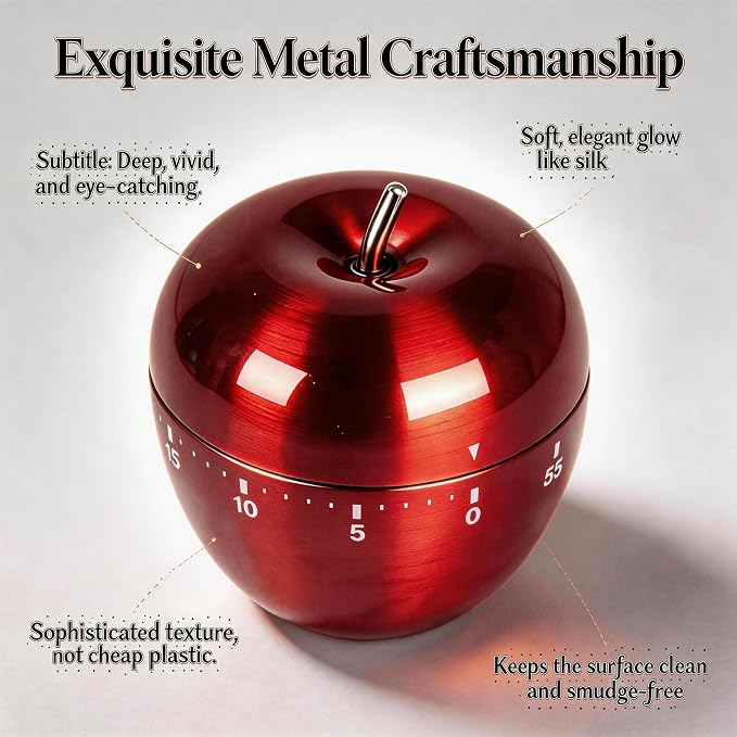 Stainless Steel Apple Kitchen Timer, Mechanical 60-Minute Manual Countdown - Image 4