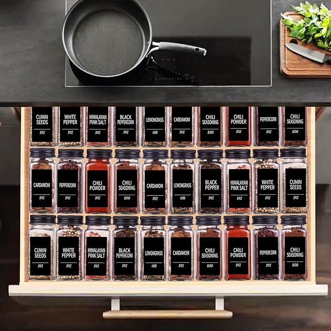 Churboro 48 Spice Jars with 547 Labels- Glass Spice Jars with Black Metal Caps - Image 4