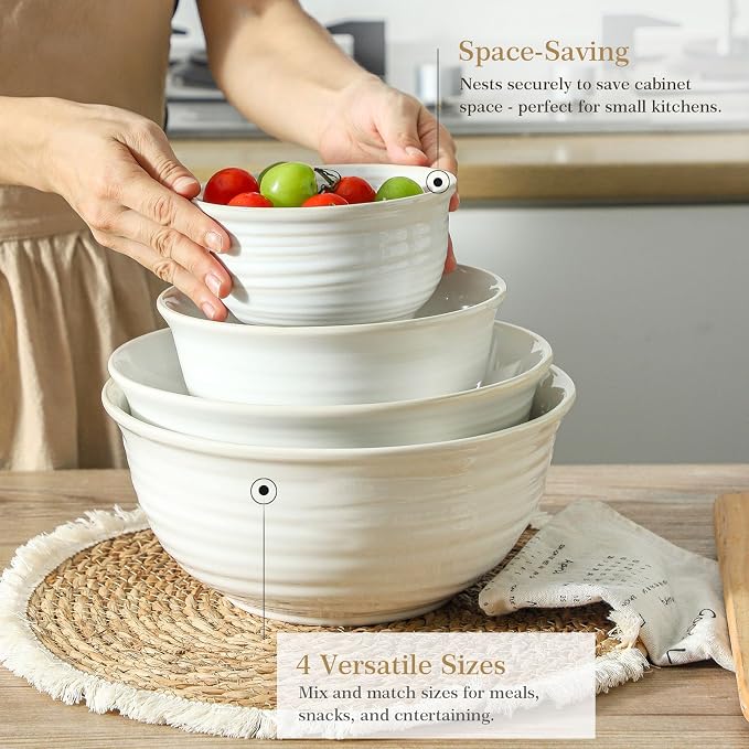Hasense Porcelain Mixing Bowls, 2.8/2.1/1.0/0.5 Qt, Handmade Large Salad - Image 4