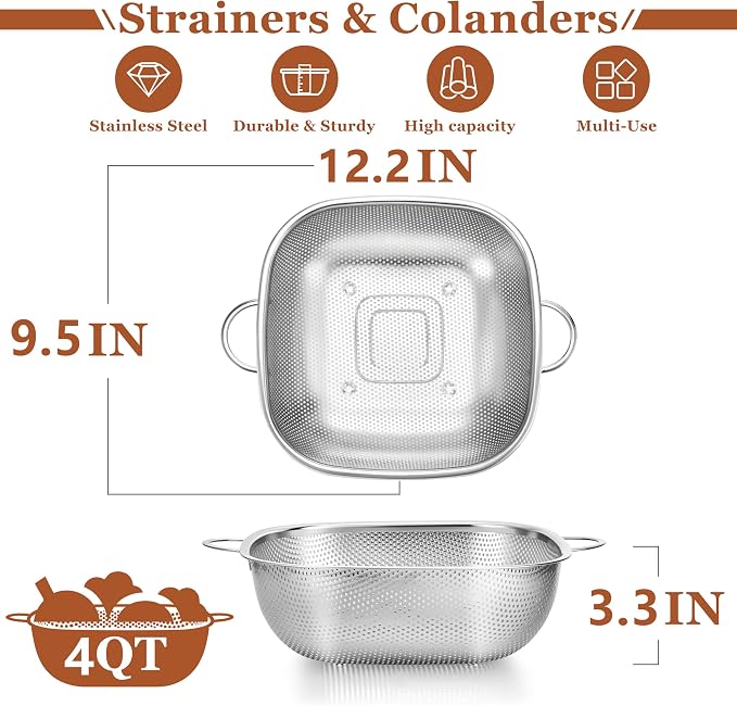 E-far 4QT Square Stainless Steel Colander - Image 2