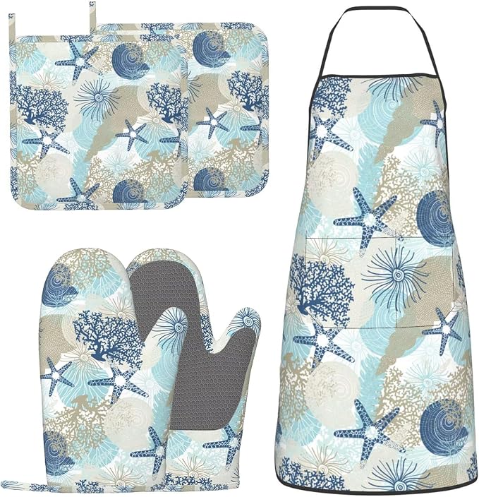 Nautical Coastal Oven Mitts Pot Holders Cooking Apron Set of 5 Silicone by Unknown