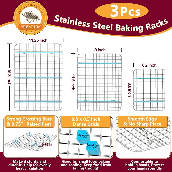P&P CHEF 16 + 12.5 + 9 Inch Baking Sheet and Rack Set, Stainless Steel Cookie - Image 3