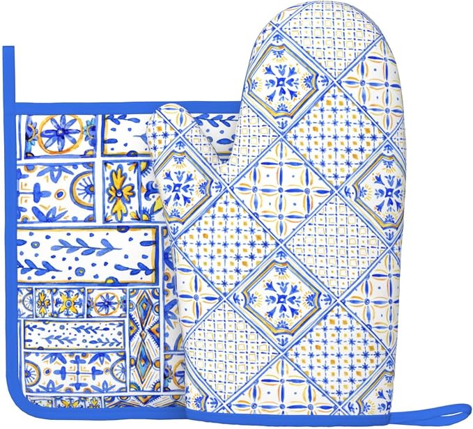Blue Boho Geometric Silicone Oven Mitts Pan Mats Set of 2, Heat Resistant by Cayiibe