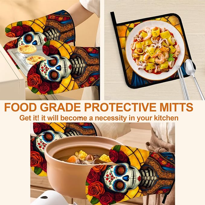 Flower Skull Oven Mitts with Matching Potholders - Image 5