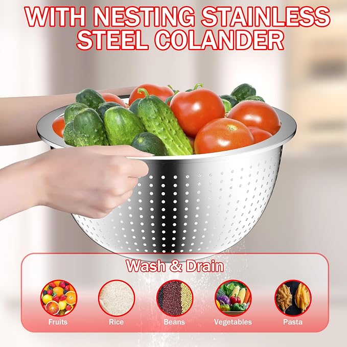 DUTZUN Mixing Bowls with Strainer, Mixing Bowl with Lids Set, Stainless Steel - Image 5