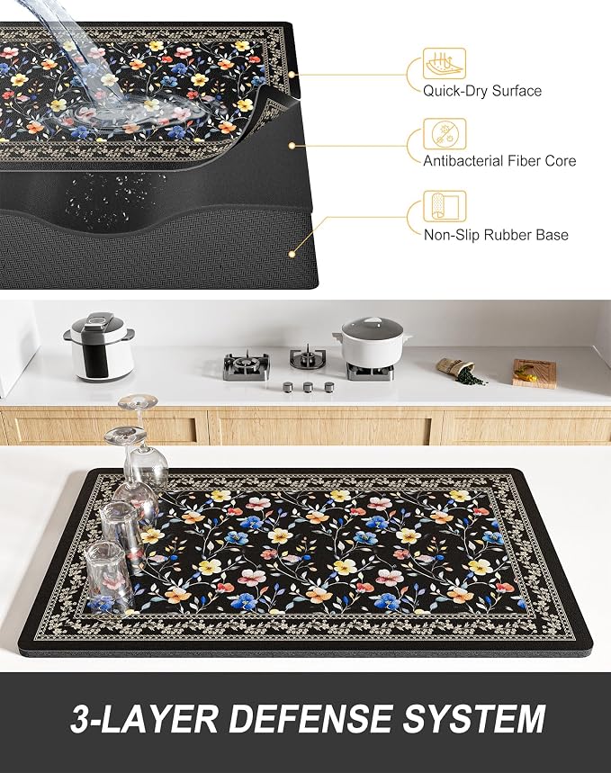 Rnivvi Dish Drying Mat for Kitchen Counter, 12 x 19" Cute Flower Theme Super - Image 4