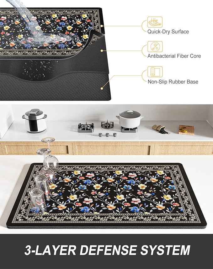 Rnivvi Dish Drying Mat for Kitchen Counter, XL 15 x 24" Cute Flower Theme Super - Image 4