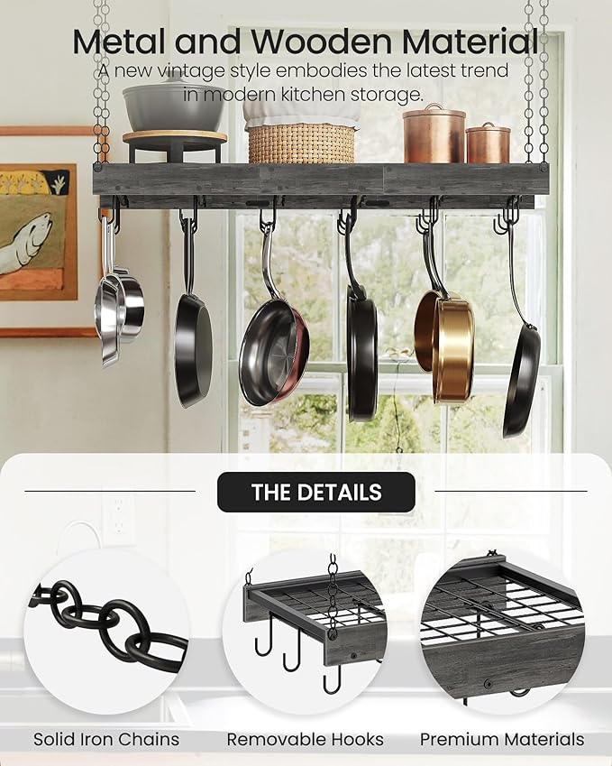 CHOEZON Hanging Pot Rack, 35.4" L x 13" W Ceiling Pot Hanger, Industrial Style - Image 7