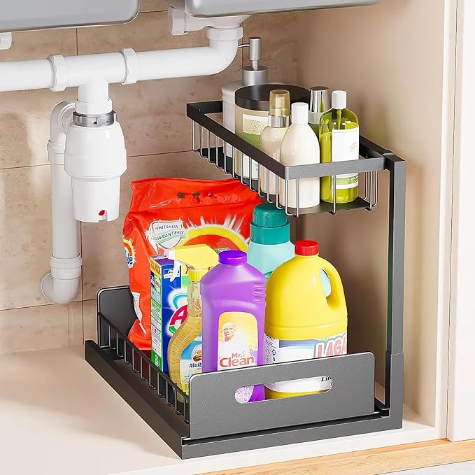 VUSIGN Under Kitchen Sink Organizer 2 Tier, Pull Out Under Sink Organizers and by VUSIGN
