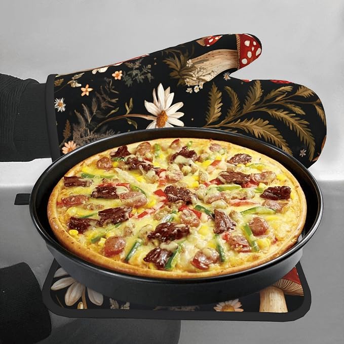 Mushroom Oven Mitt Pot Holder Set Vintage Floral BBQ Cooking Gloves - Image 7