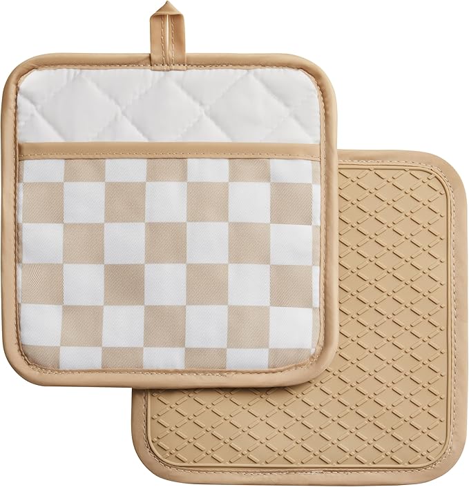 Ohocut Beige Checkered Pot Holder, Checkerboard Potholders by Ohocut