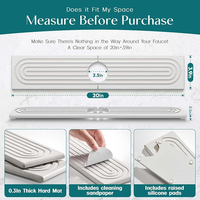 Eormoe Stone Faucet Mat for Kitchen Sink – Diatomite Drying Stone Mat & Sink - Image 2