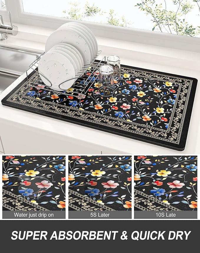 Rnivvi Dish Drying Mat for Kitchen Counter, 12 x 19" Cute Flower Theme Super - Image 3